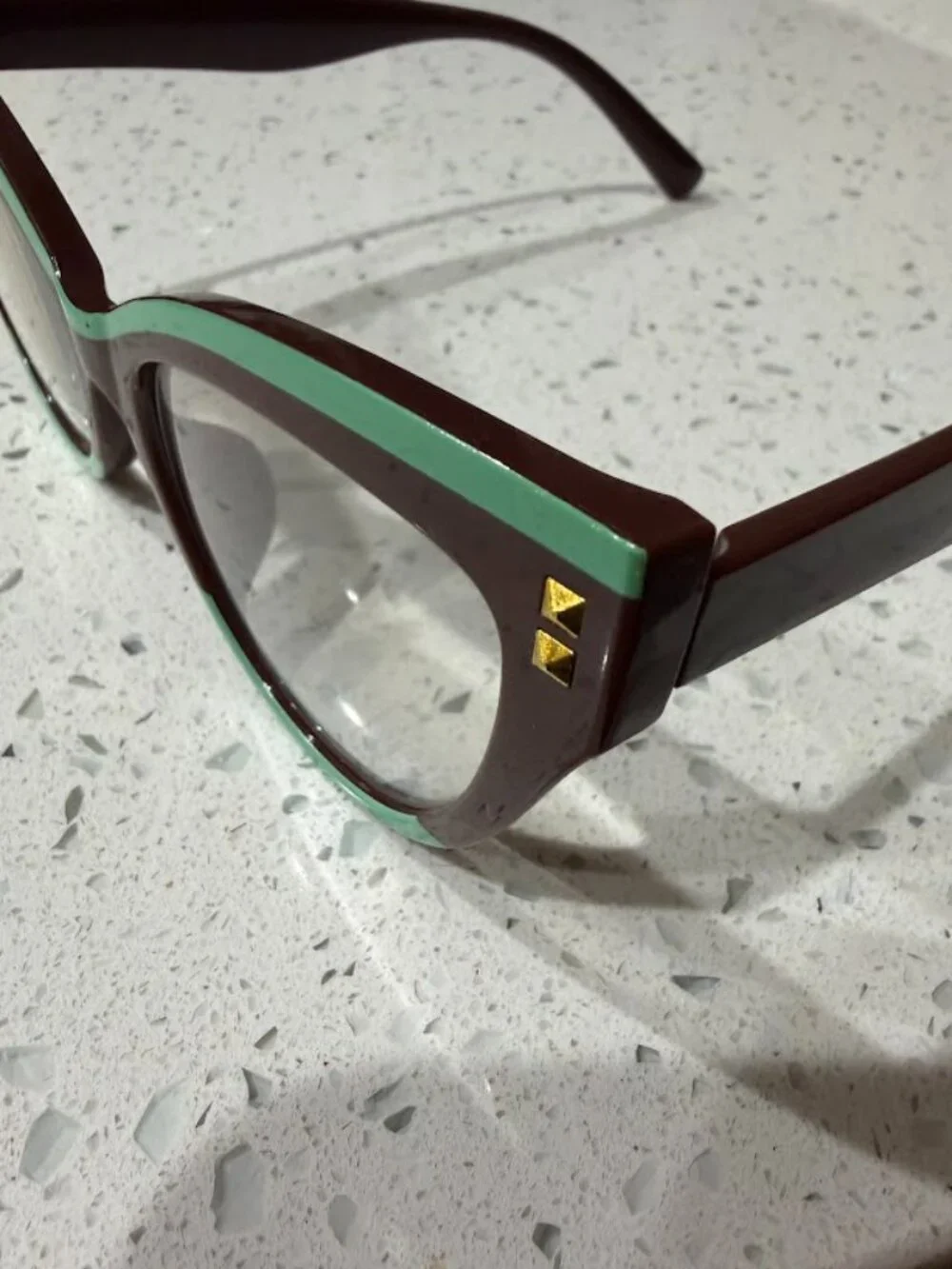 Brown & Green Cat Eye Glasses with Gold Stud Accents +1.5